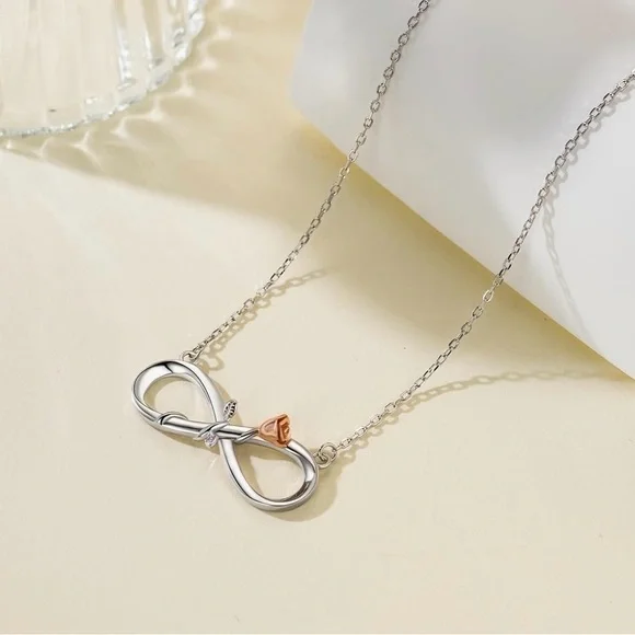 ELEGANT STERLING SILVER 925 INFINITY NECKLACE WITH ROSE GOLD FLOWER - Picture 3 of 4